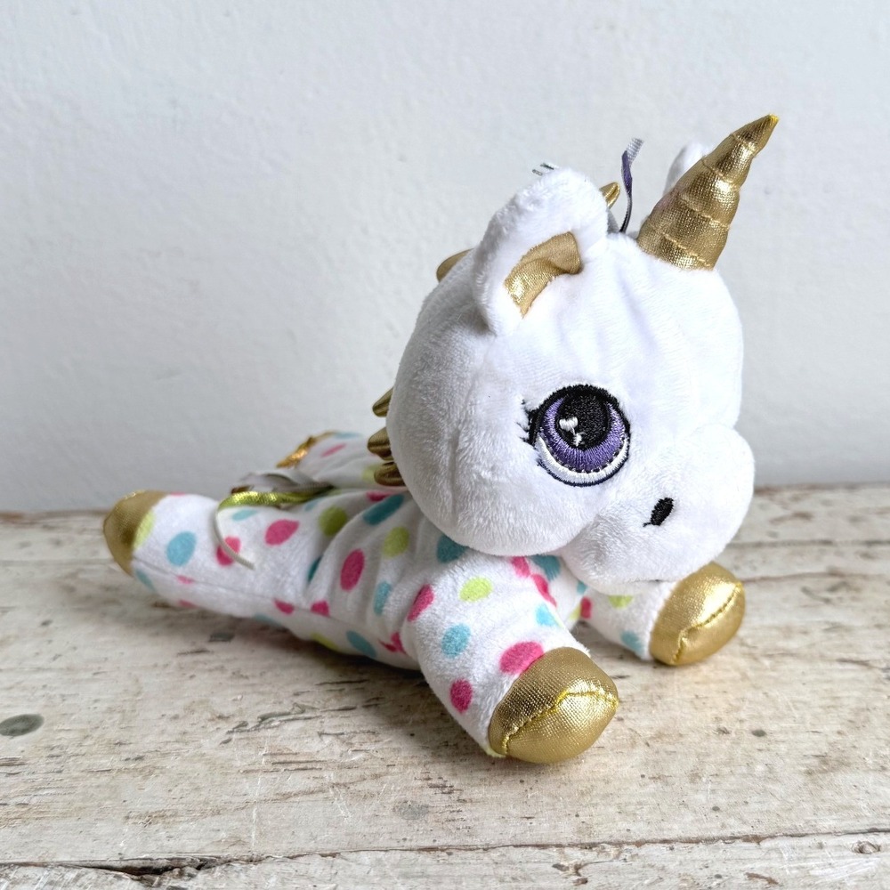 Sunny Days Entertainment Polka Dot Unicorn Plush Gold Horn White 6 Inch Toy